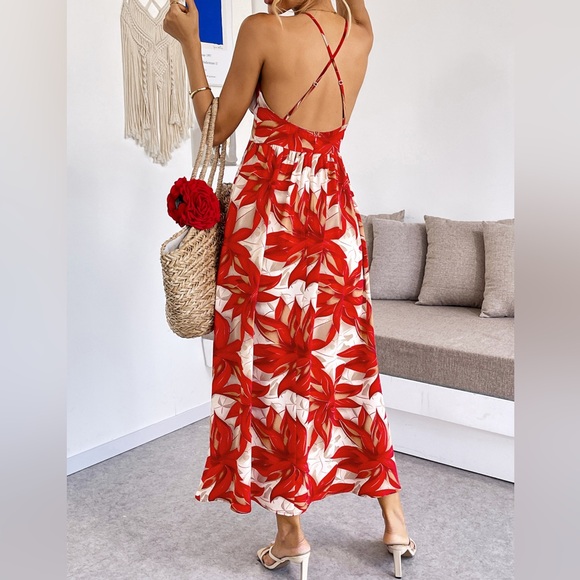 ❤️ Crisscross Back Printed Midi Dress with Cutout Detail - Red - Picture 3 of 8